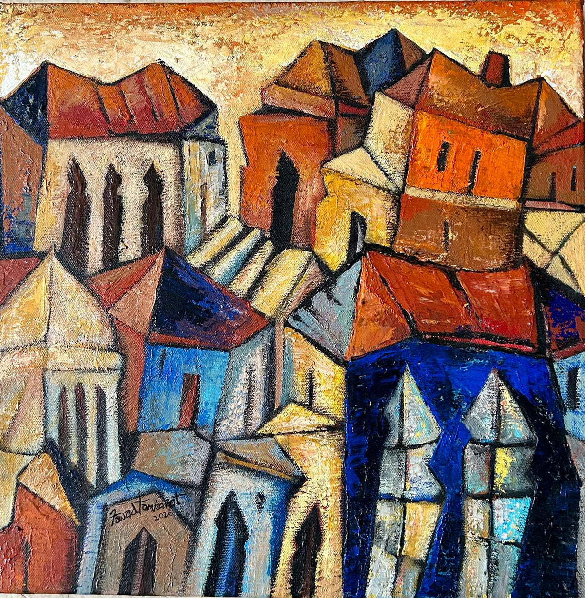 Abstract painting of buildings with colorful rooftops by Fawad Tamkanat. 