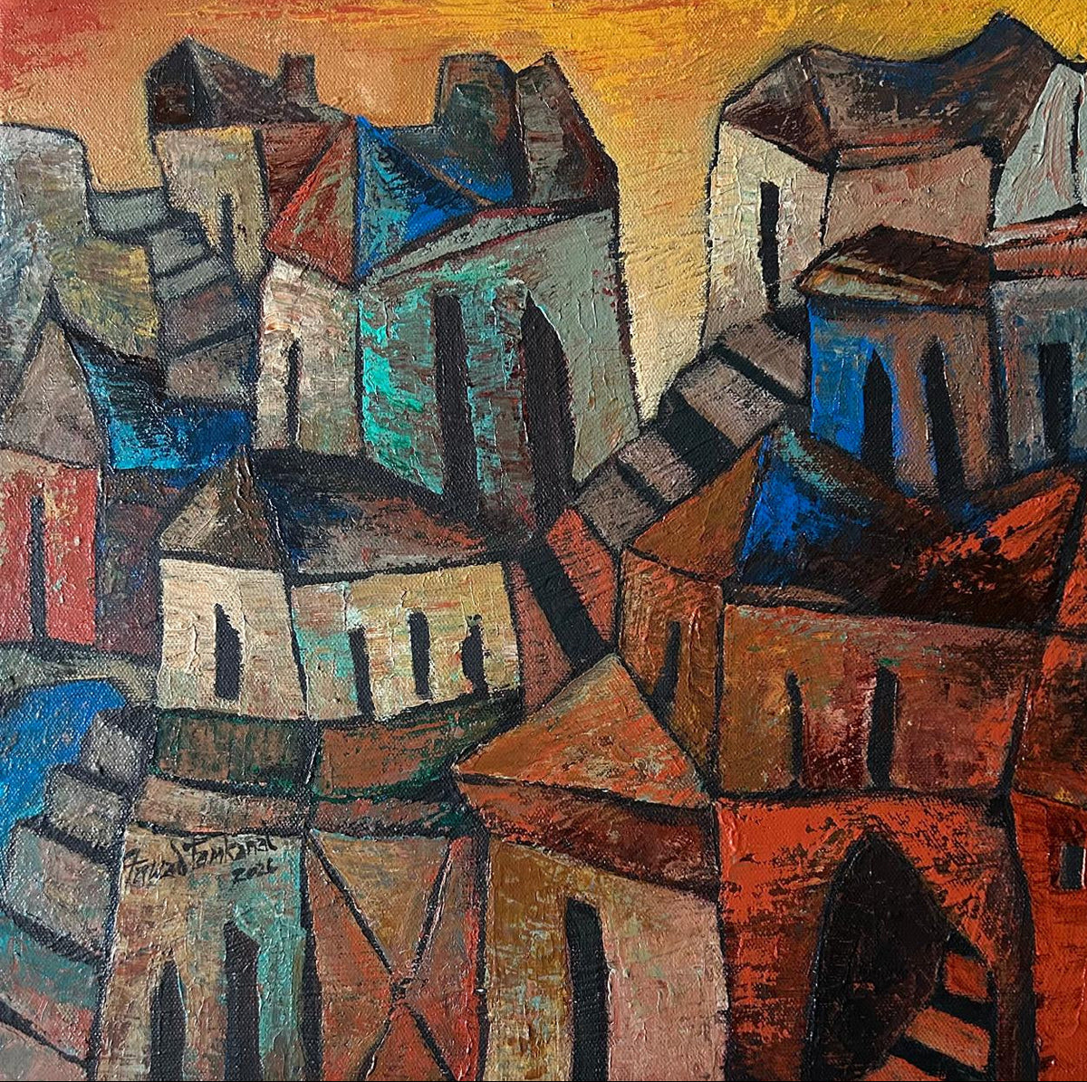 Abstract painting of a cityscape with geometric shapes and warm colors.
