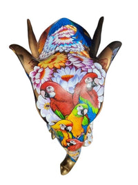 Gold base tone elephant fiberglass sculpture by Sachindra Nath Jha has Parakeets painted on top of the body and on trunk area.