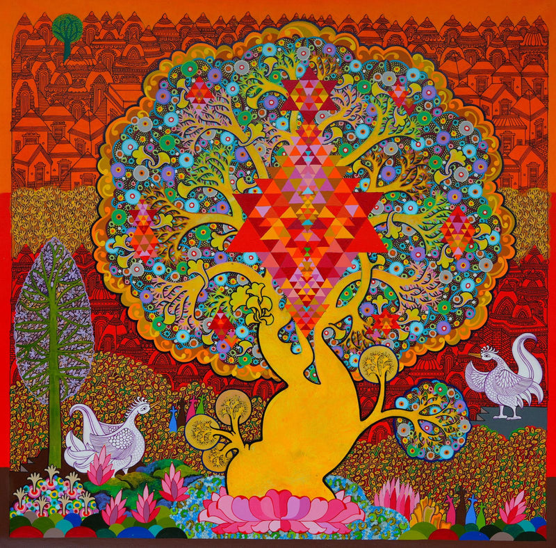 This unique artwork features Goddess Mahalakshmi symbolism at the heart of a modern Tree of Life. A cityscape is detailed on the red backdrop. 