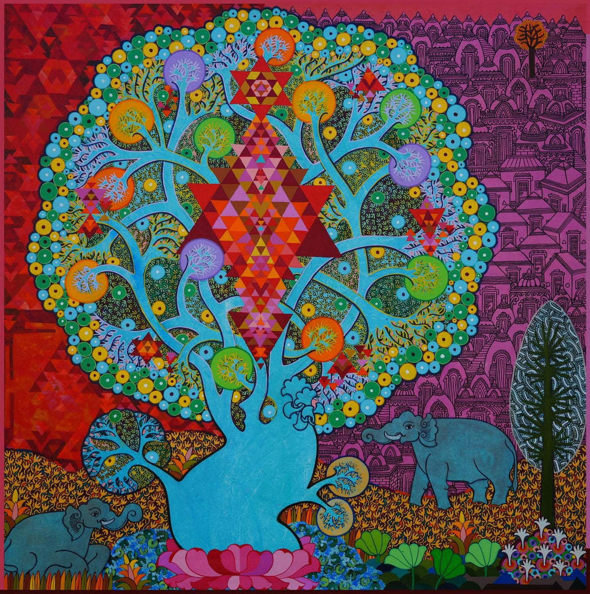 Chandra Morkonda's Maha Lakshmi Yantra and Tree of Life square colourful canvas fine art painting.