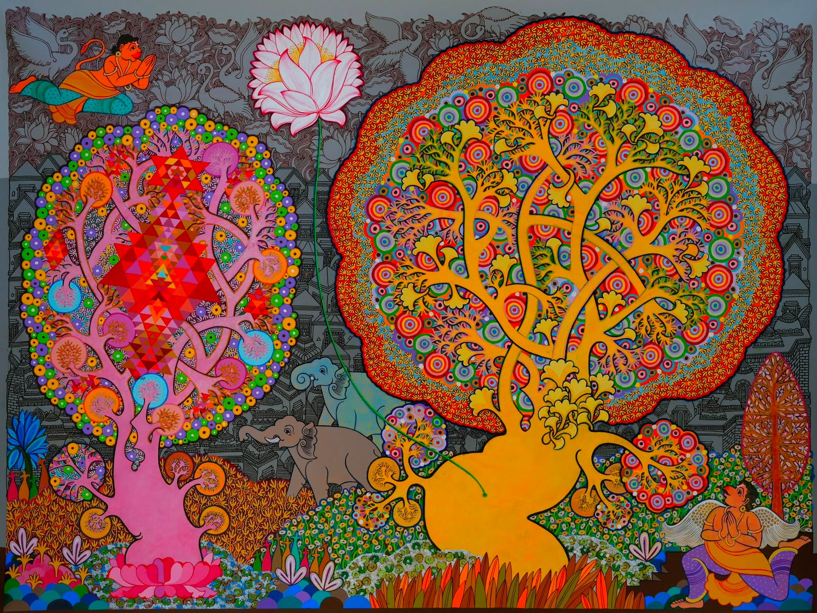 Chandra Morkonda's acrylic canvas painting of two trees symbolizes Mahalakshmi Yantra and Vishnu flanked by praying Garuda and Hanuman.