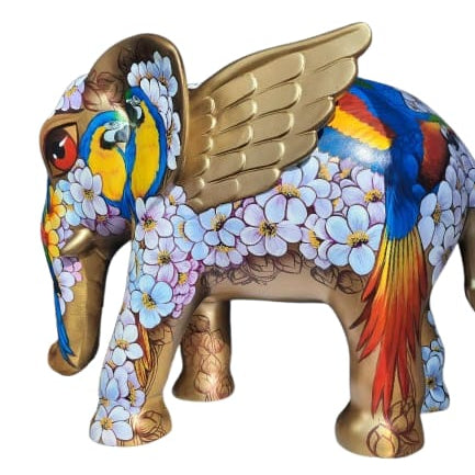 Right Side view: Pained Elephant sculpture by Sachindra Nath Jha, highlights vibrant parakeets and flowers.