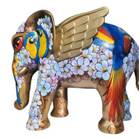 Right Side view: Pained Elephant sculpture by Sachindra Nath Jha, highlights vibrant parakeets and flowers.