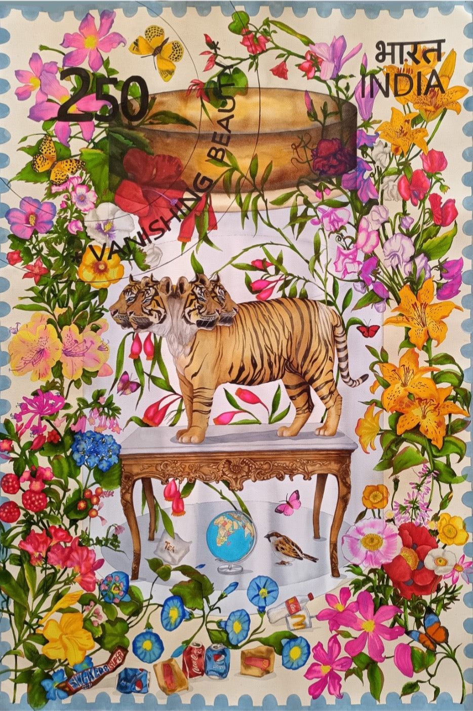 A four faced tiger finds itself in a glass jar surrounded by a floral fantasy garden. Manisha Agrawal paints a whimsical world using watercolor and tea stain on paper.