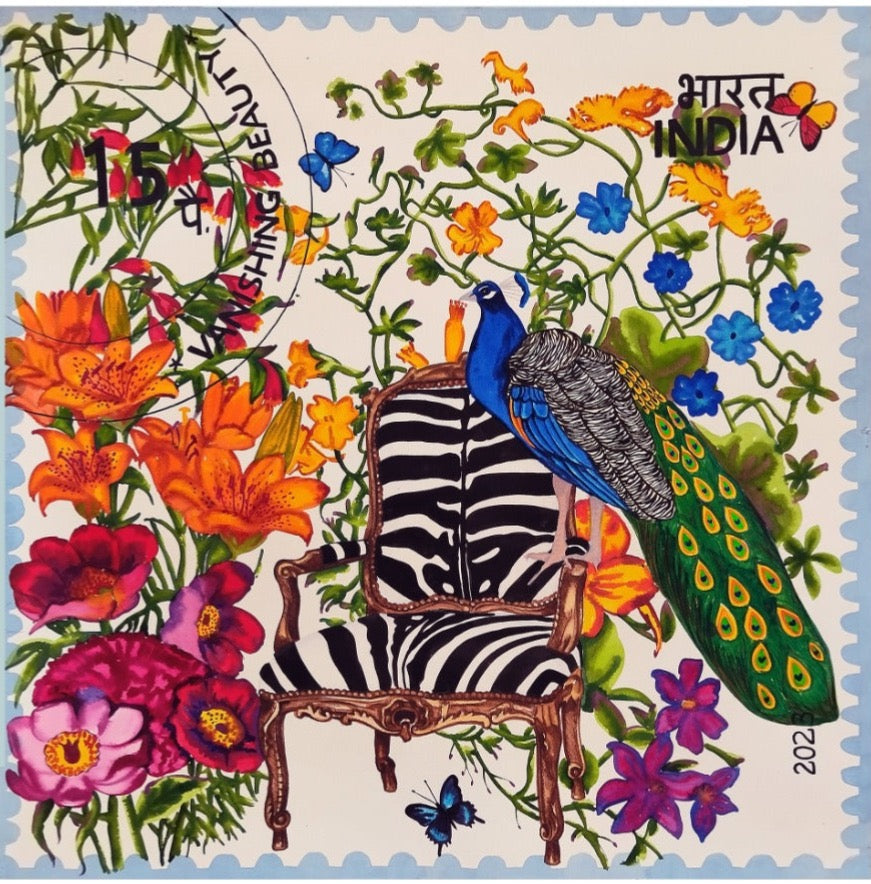 Manisha Agrawal paints a whimsical world with peacock pearching itself on a Zebra striped arm chair. A floral canopy envelopes the subject.