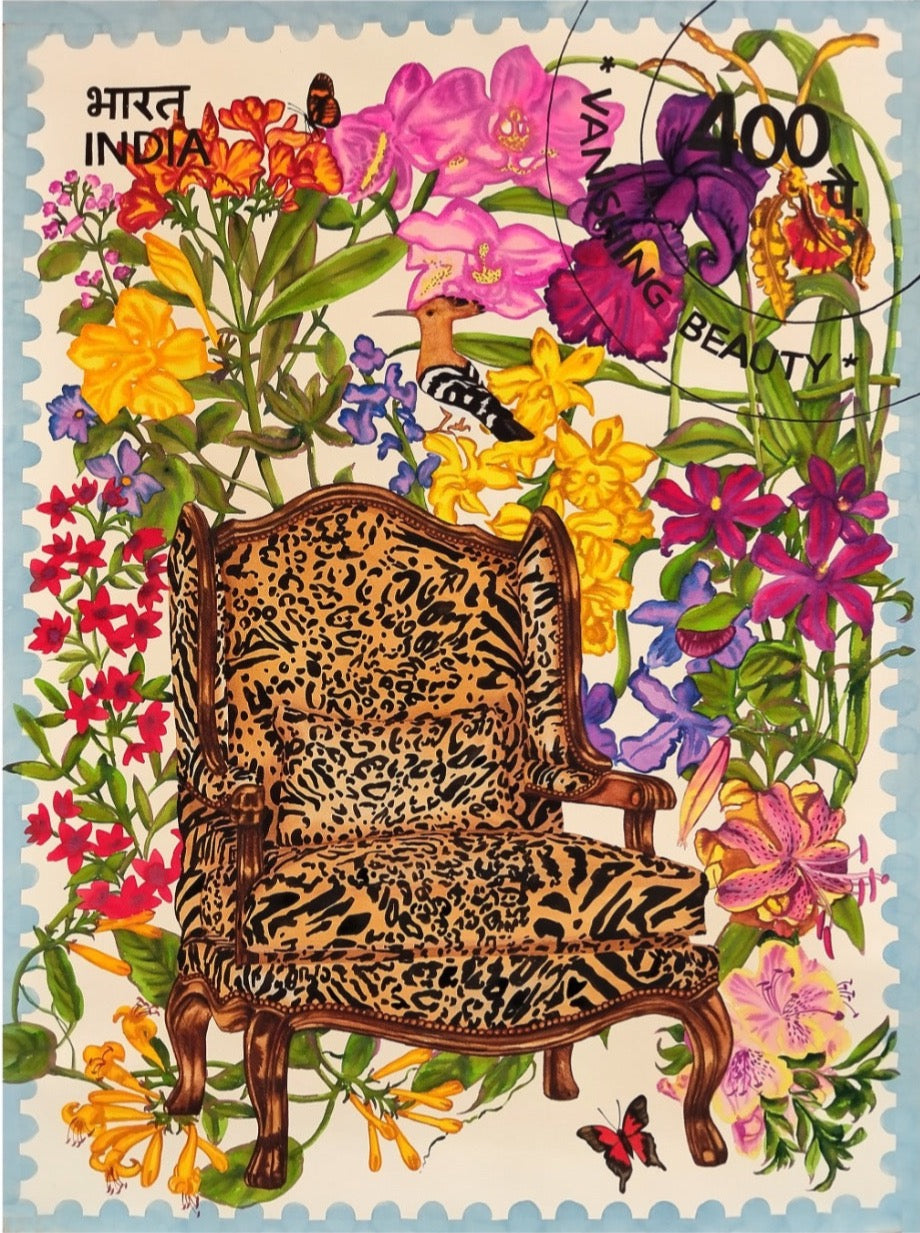 Artist Manisha Agrawal paints a whimsical world using watercolor on paper. A woodpecker perches on a wild striped armchair - perhaps a part of a tigers den. Enveloped with manisha signature floral garden