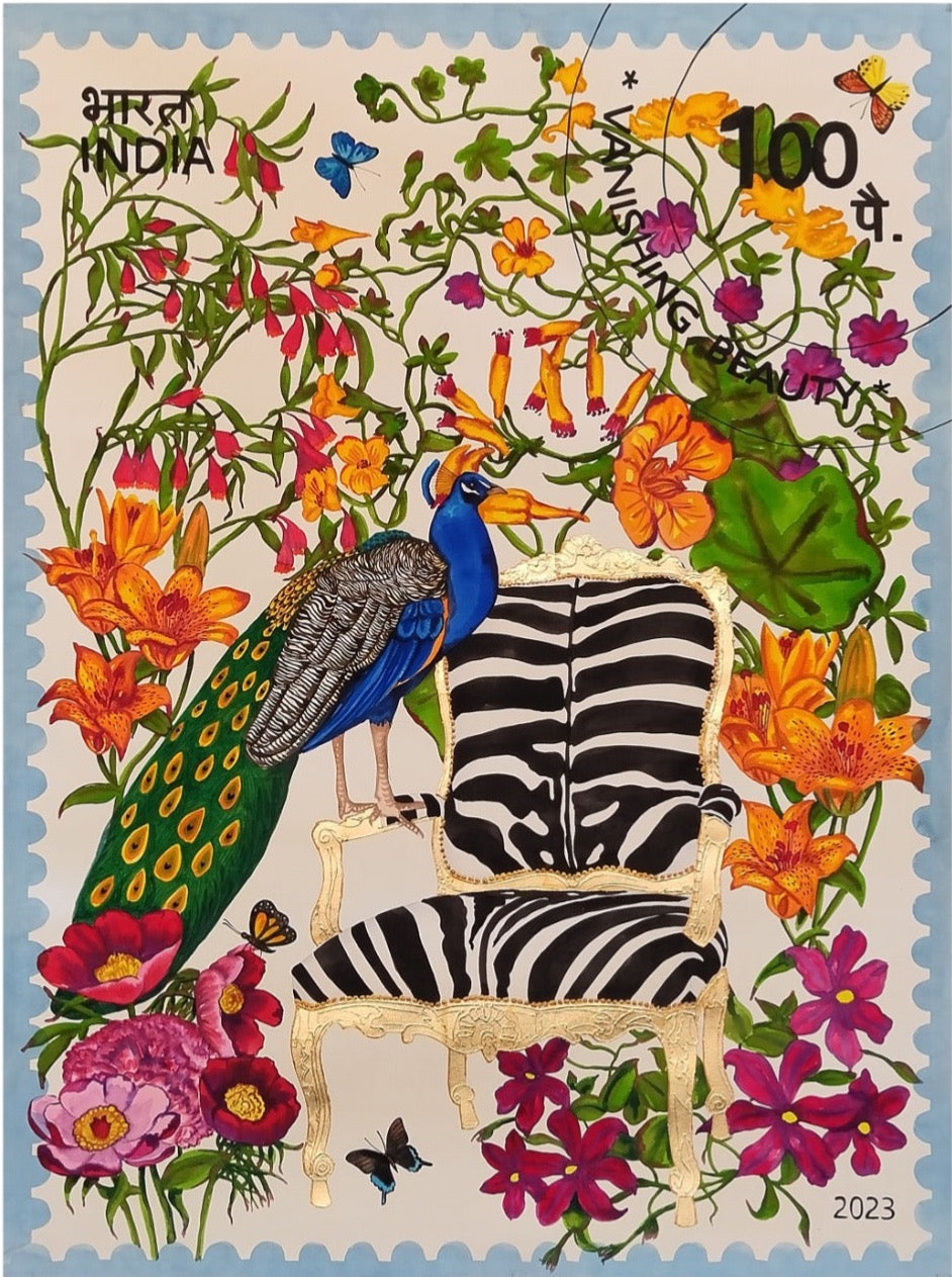 Manisha Agrawal an emerging artist paints a peacock perched on a grand zebra striped and golden armchair. Enveloped in Manishas signature floral garden