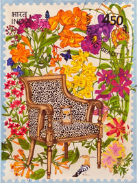 Manisha’s signature floral fantasy garden envelopes the peacock; Watercolor art.