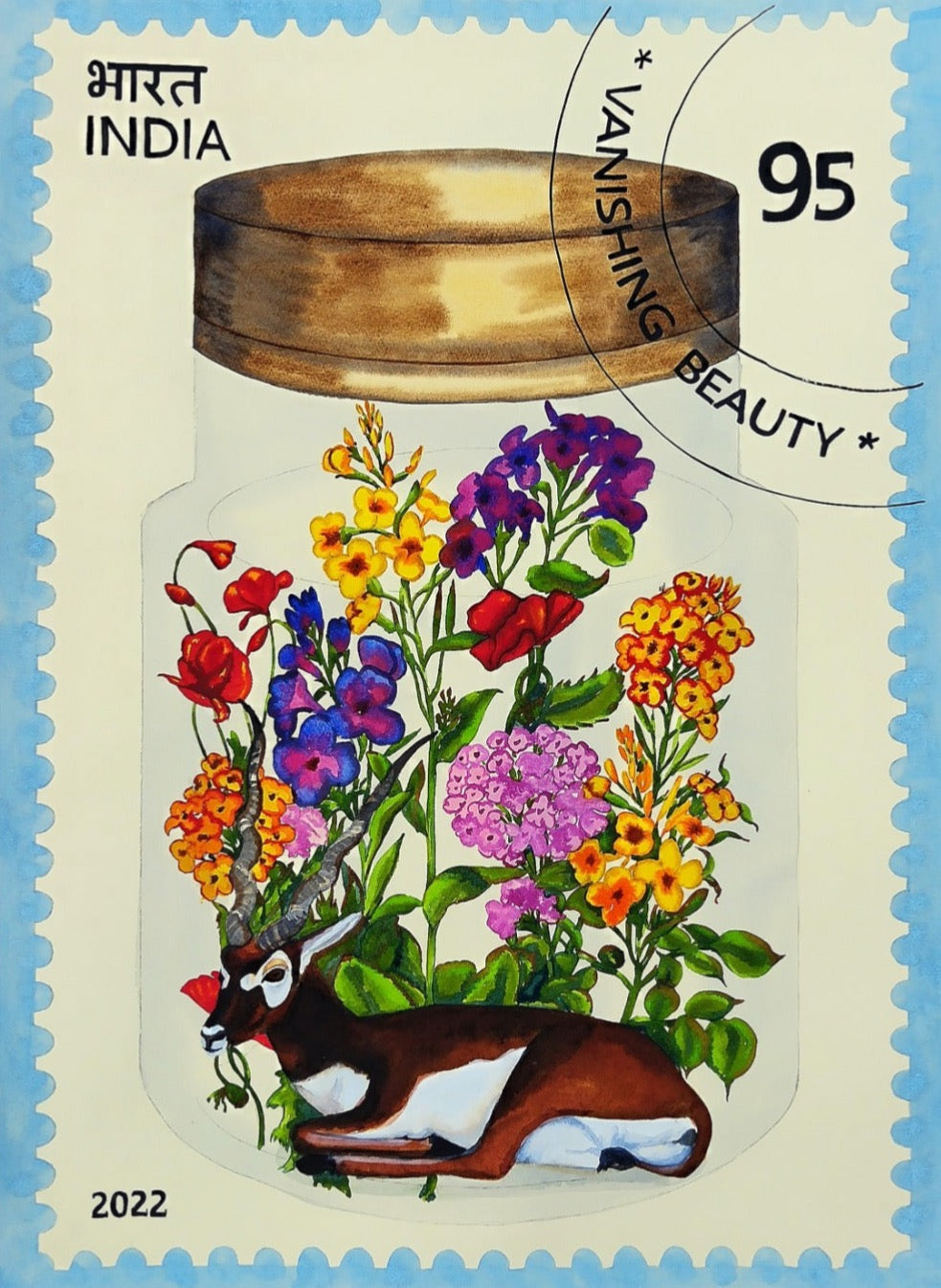 A musing antler sits surrounded by a floral garden in a glass jar. Artist Manisha Agrawal paints a whimsical world using watercolor on paper. Manisha’s signature floral fantasy garden envelopes the subject. 