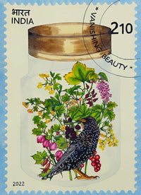 Bird Painting by Manisha Agarwal. A starling is seen in glass jar; a floral garden envelopes the bird.
