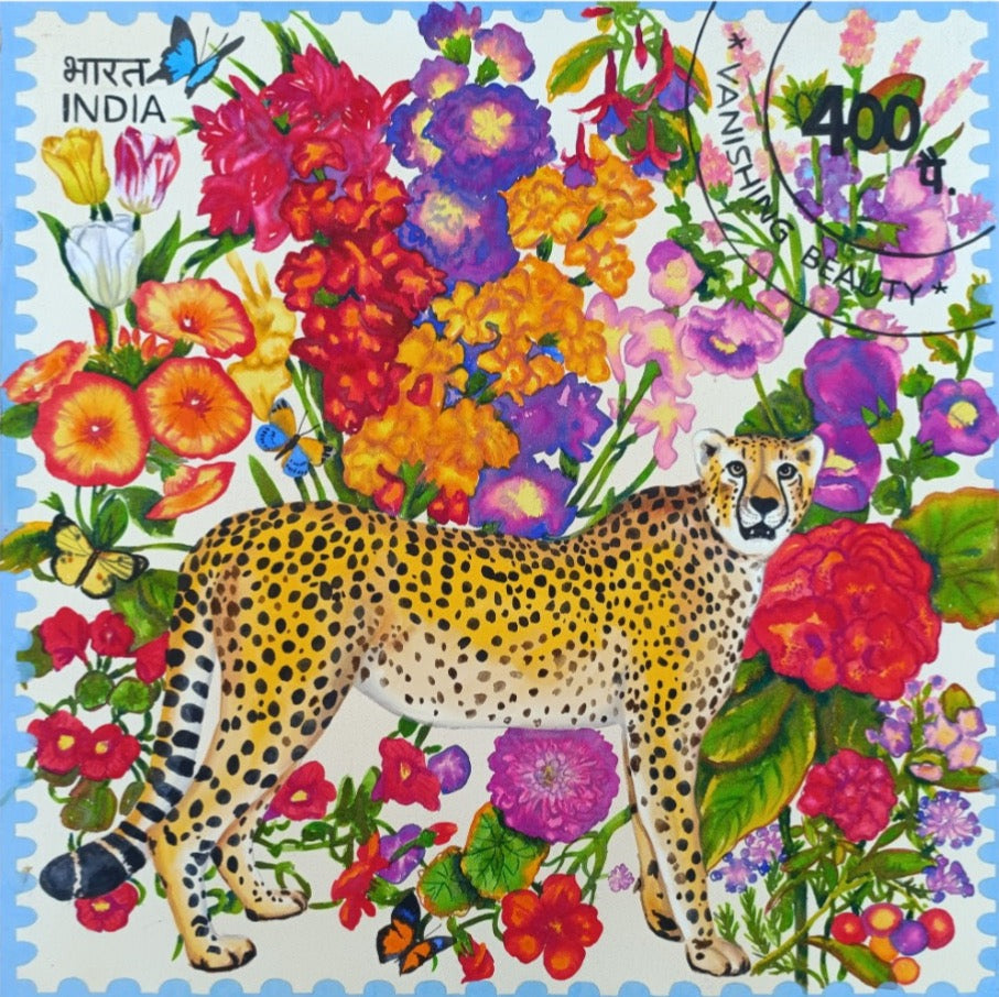 Artist Manisha Agrawal paints the endangered Cheetah using watercolor on paper. Manisha’s signature floral fantasy garden envelopes the subject inside a glass jar. This work is part of the stamp series ‘Vanishing Beauty’.