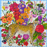Painting of a Cheetah by Manisha Agarwal; a floral garden envelopes the subject inside a glass jar.