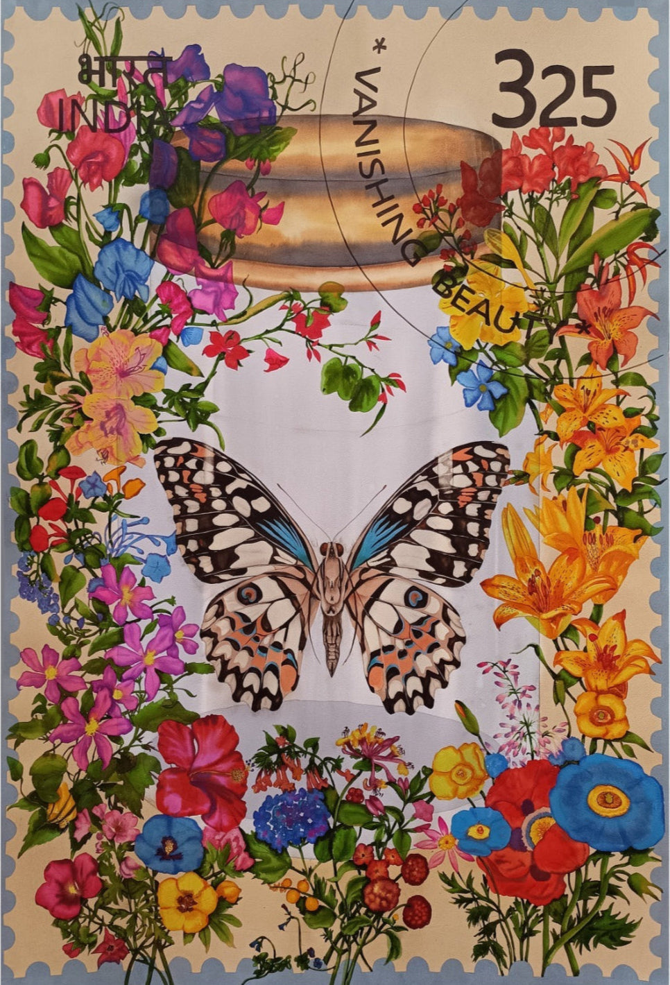 Manisha paints a delicate butterfly in jar surrounded by garden blossoms.