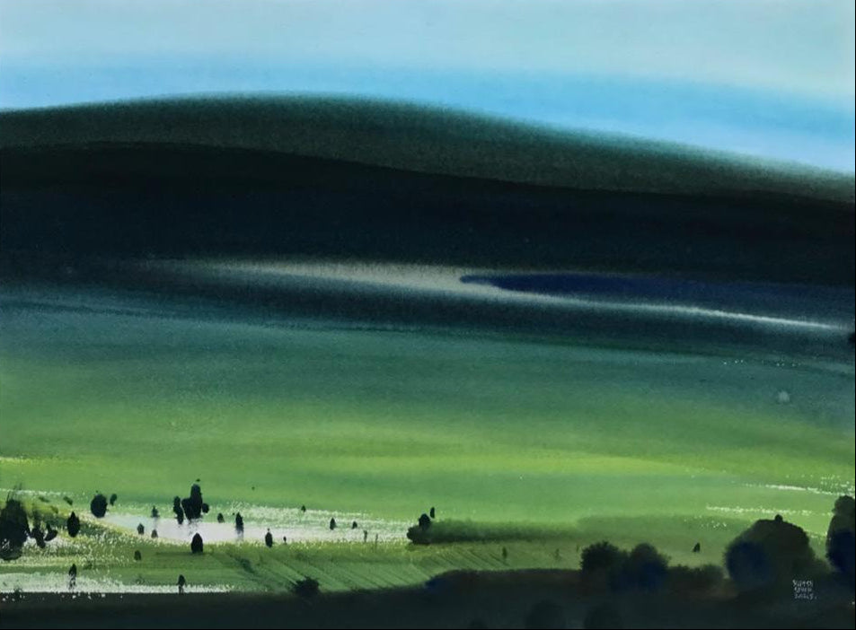 Tranquil watercolor landscape of green fields and a distant mountain by Rupesh Sonar.