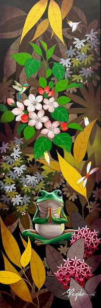 Meditating frog fine art painting in earthy brown tones by Ganapati Hegde; eccentric nature art. 