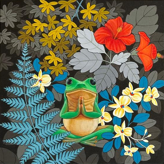 Small oil painting of a frog in Namaste pose surrounded by colorful flora.