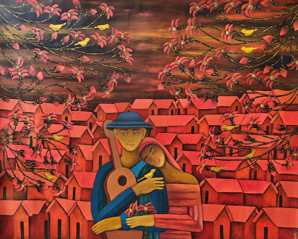 Sadaf Beg Khan horizontal figurative artwork features a musician couple in a terracotta and earthy palette against a city skyline.