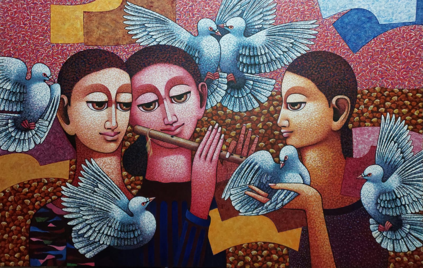 Artistic depiction of three people with doves and a flute, set against a colorful background.