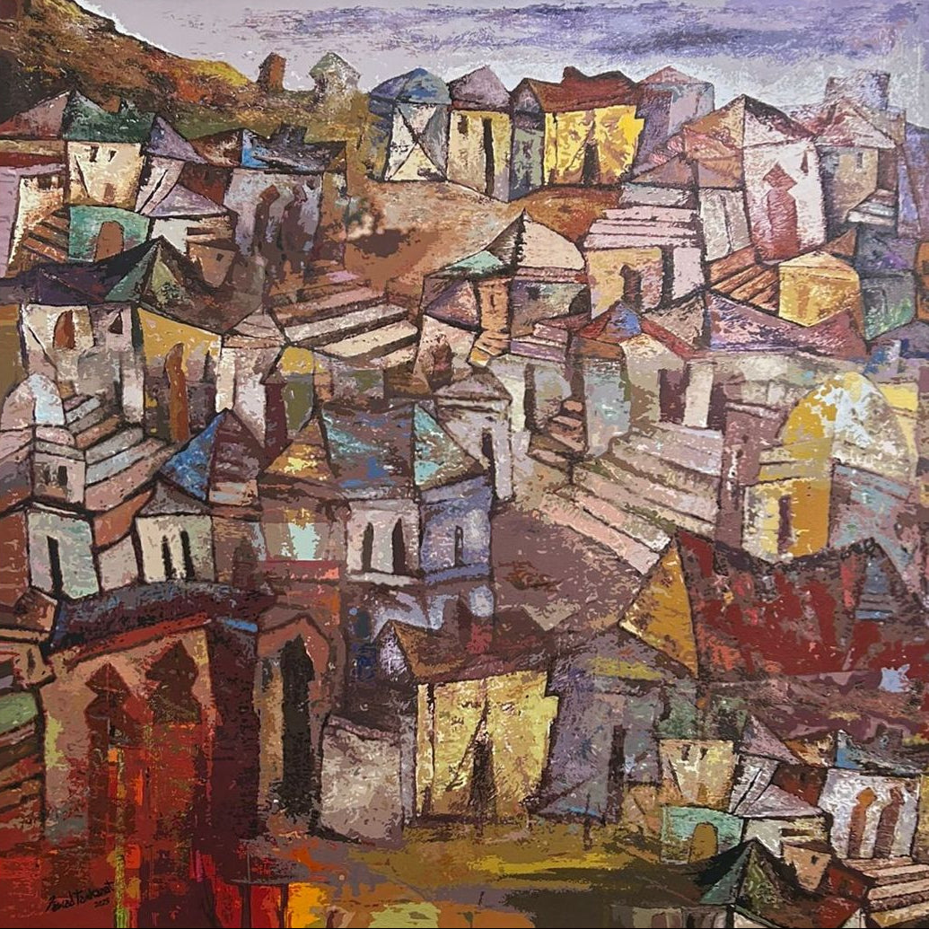 Abstract artwork of a village with colorful houses and rooftops with soft hues including lavender sky.