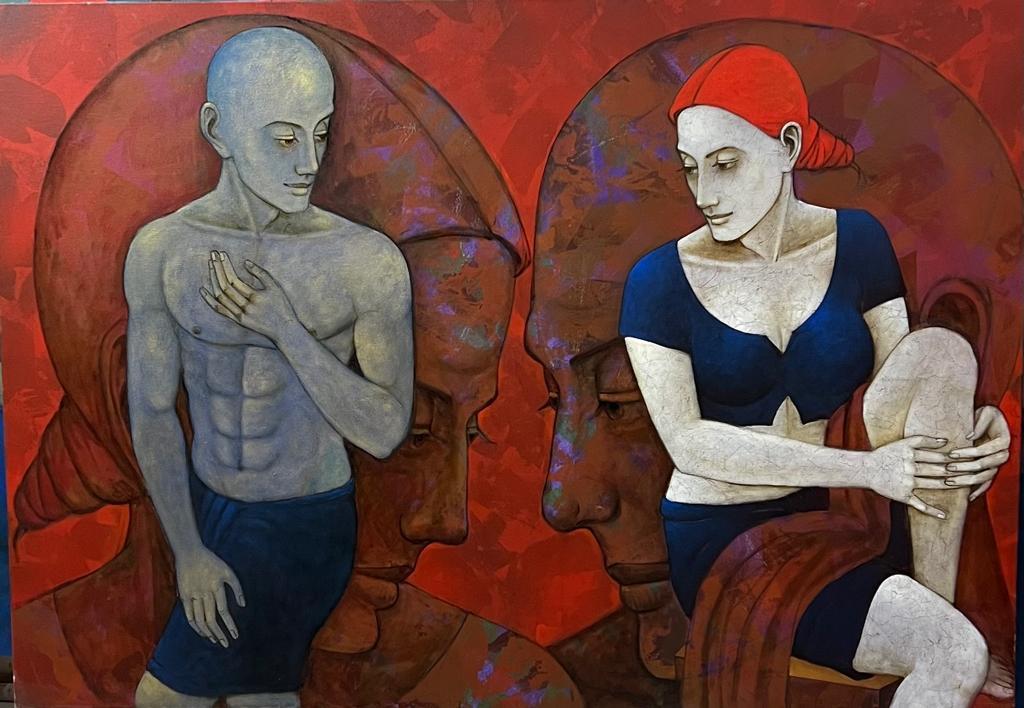 Asit paints a man insise a womens thought even as he paints the reverse - with the same woman taking over a man's mindscape. 