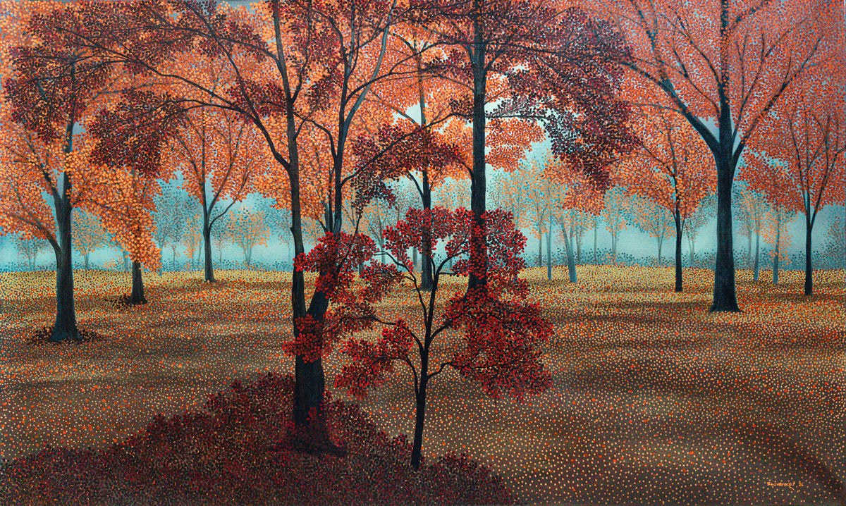Large 5 feet crimson and brown trees forest canvas painting with misty blue background by Shuvankar Maitra.