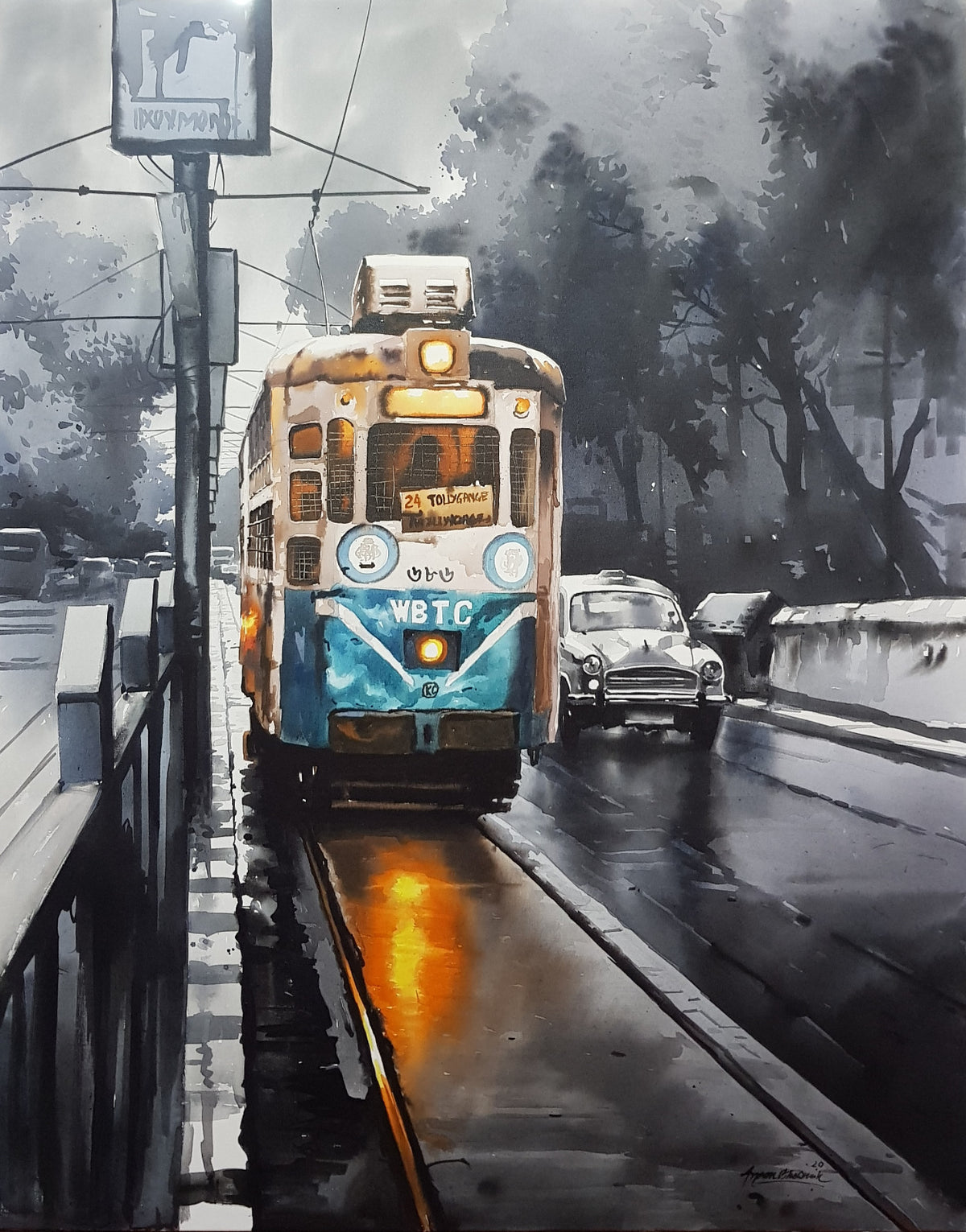 Large 5ft Kolkata monsoon tram painting in monochrome with blue white accents by Arpan Bhowmik