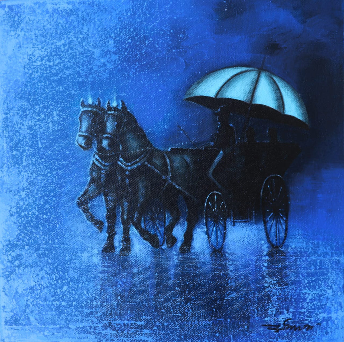 Painting of a horse-drawn carriage under an umbrella on a blue background depicting monsoon.