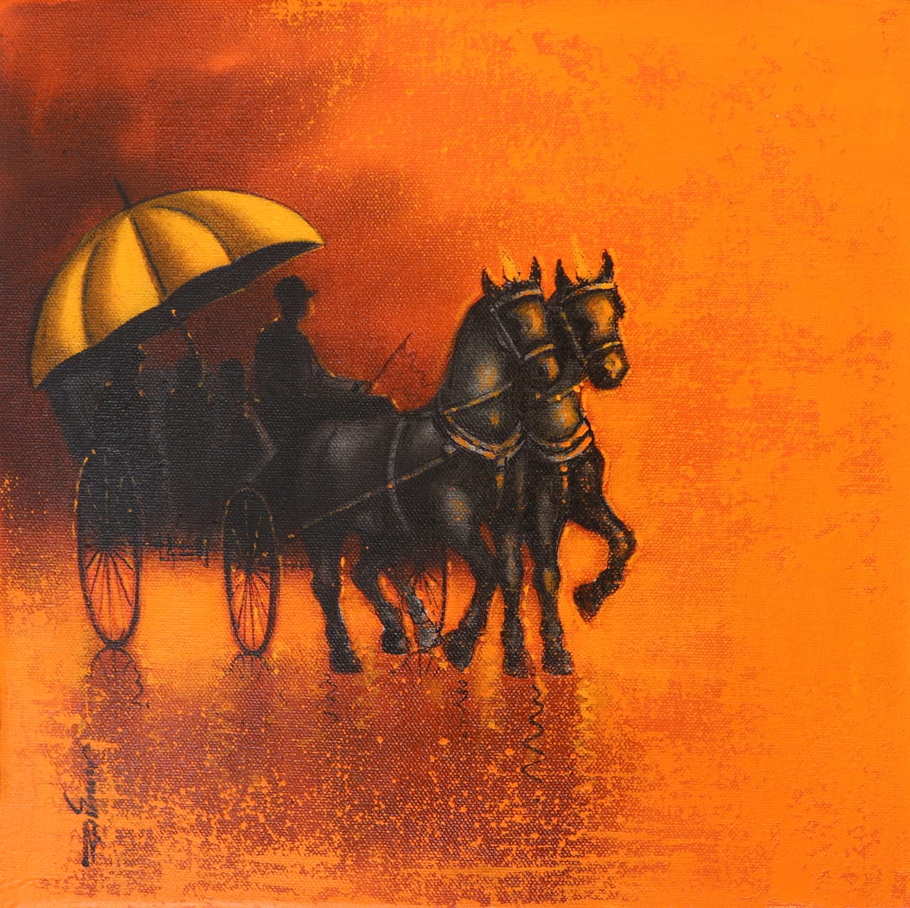 Painting of a horse-drawn carriage with a yellow umbrella on an orange abstract background.