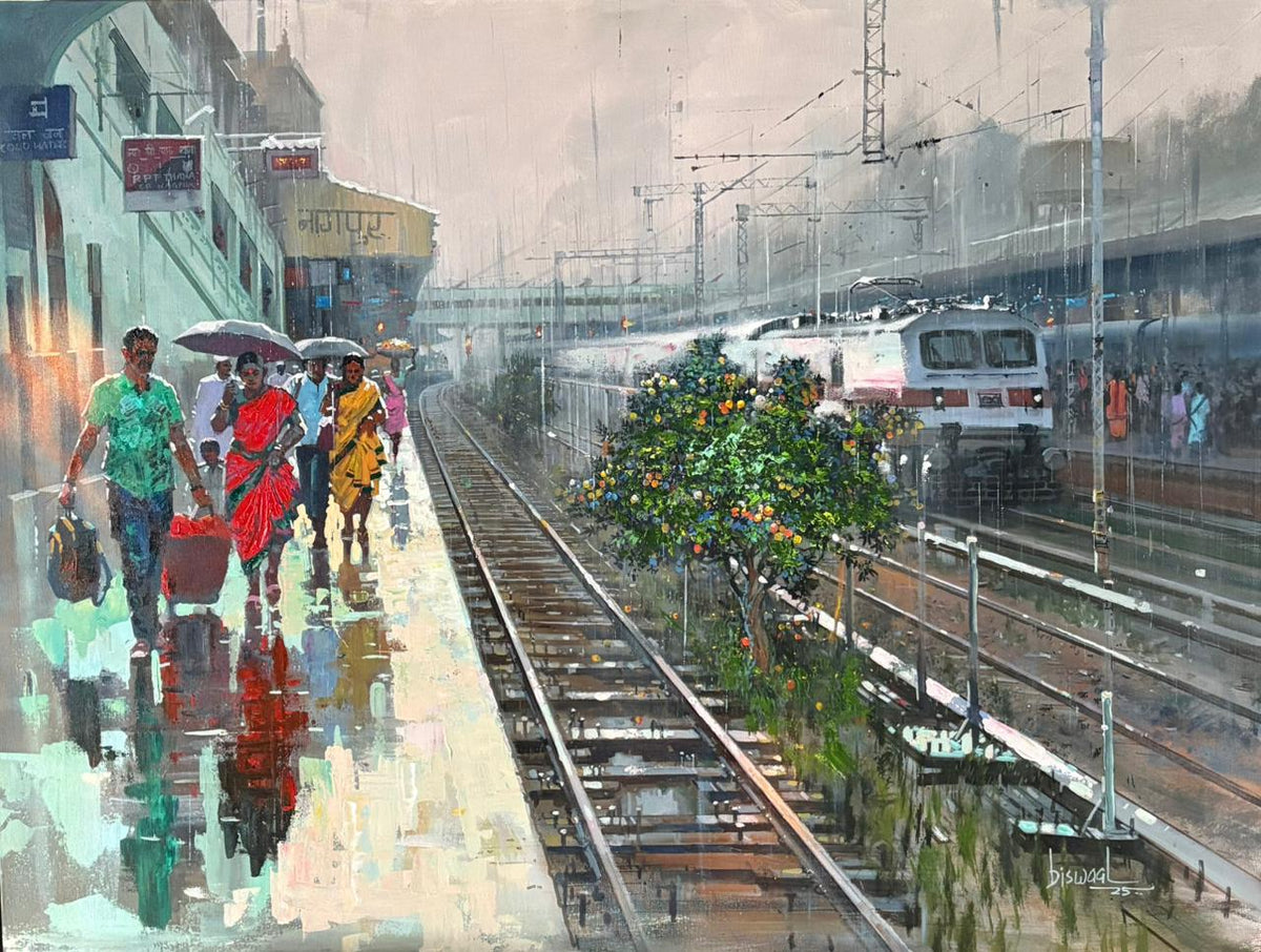 Original painting by Bijay Biswaal of a monsoon scene at Nagpur railway station. 
