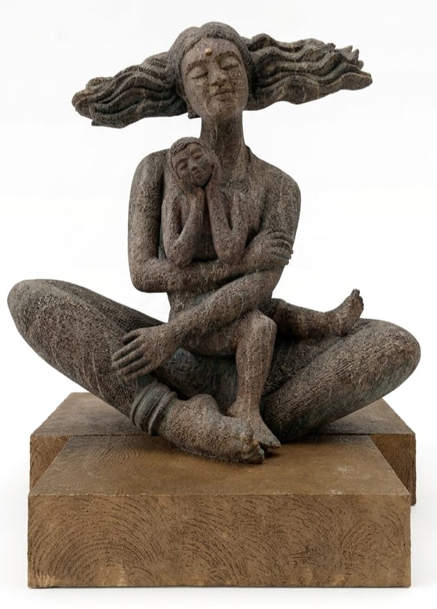 Large 70 inch contemporary fiber sculpture by P. Gnana depicting a mother with a child in her lap, celebrating motherhood.