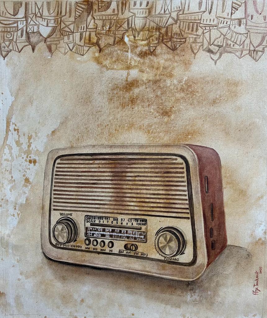 Afza brings back memories of the seventies and eighties retro era - Reminiscent of the simple yet exciting instruments of music and news broadcast, the acrylic painting depicts a Radio in the forefront. A city tunes in the background. 