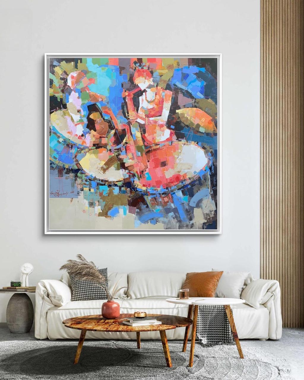 Wall display picture of Musicians painting in a living room with a sofa and coffee table.