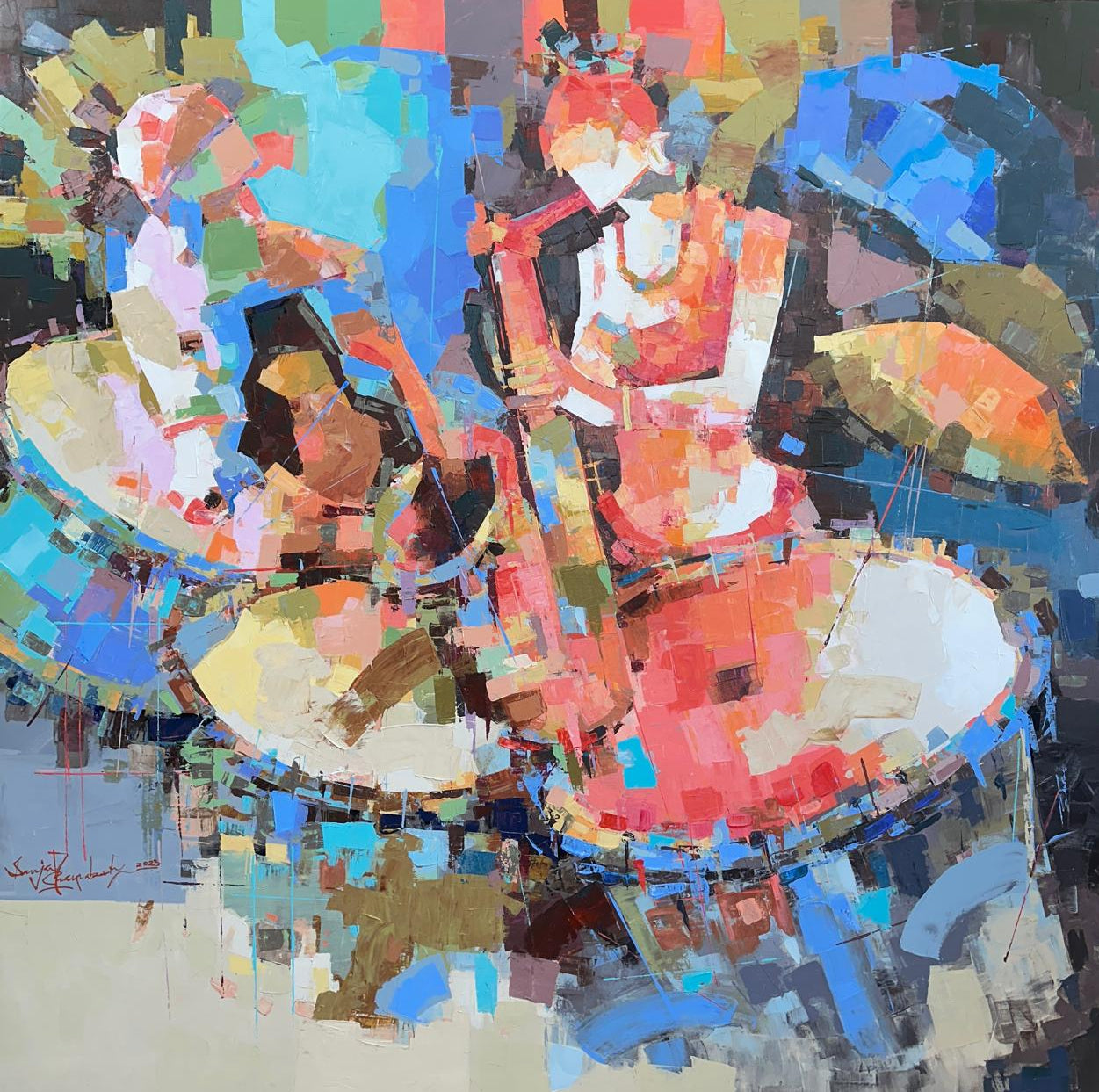 Musicians painted in bold brushstrokes dance across the canvas, bringing together the rhythmic energy of drums and the saxophone. 