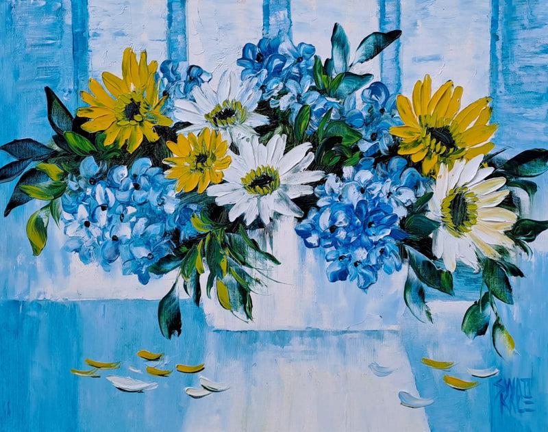 Painting of a bouquet of flowers with blue, yellow, and white flowers on a blue background.