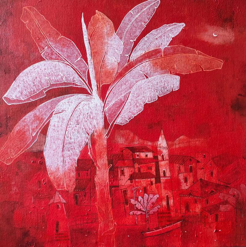 Suresh Gulage creates a small hamlet with a tree of live symbolic of blessed life overlooking the hamlet in background. Monchrome work with red hues highlighted by white tree.