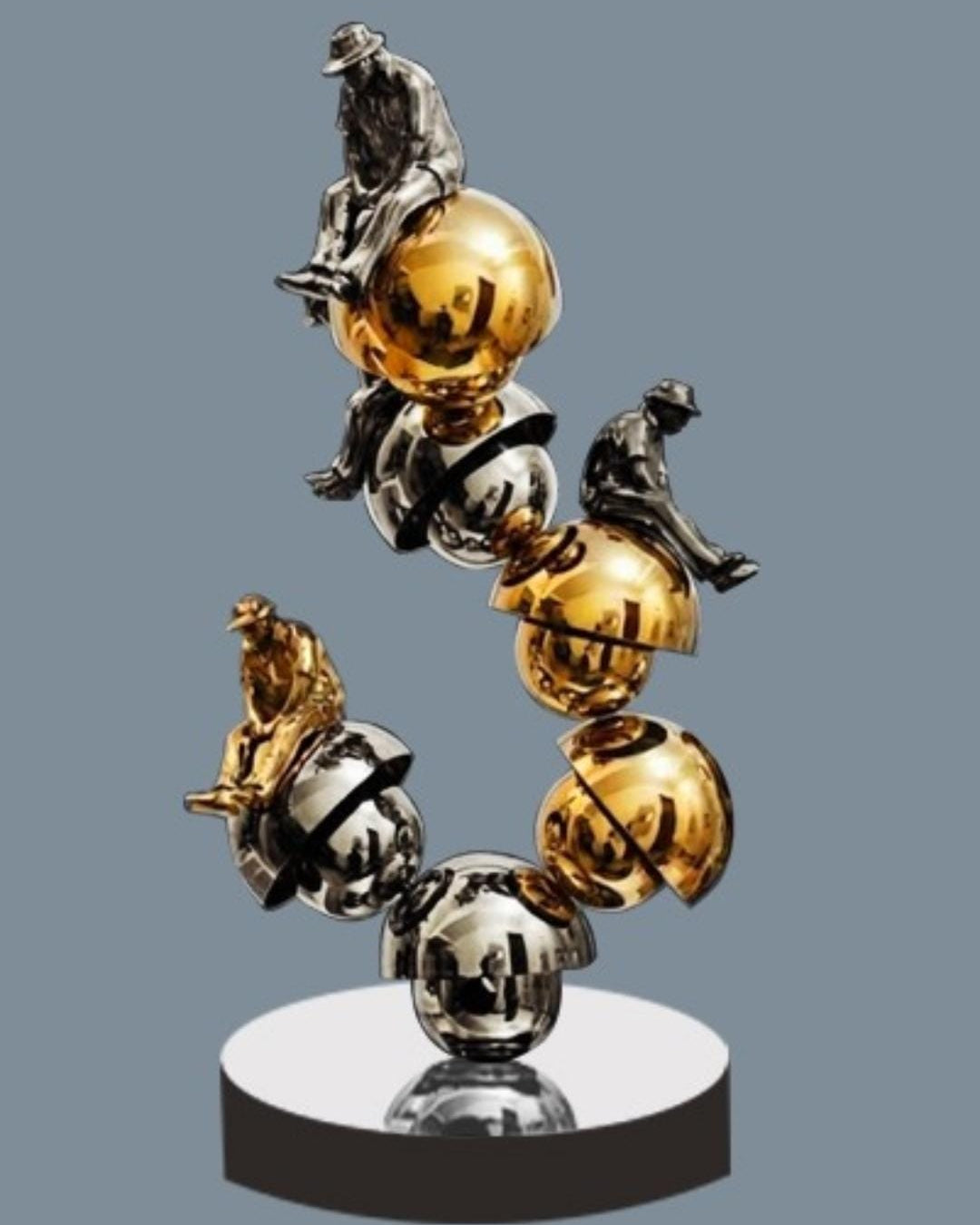 Shovin Bhattacharjee original 3 foot metallic tones sculpture made of fused gold and silver spheres with 4 slouching figures sated atop them.