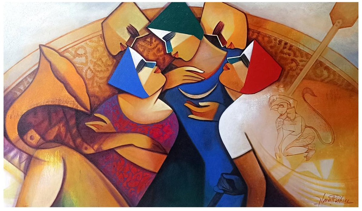 Large painting by Nawal Kishore, featuring figures in a boat with a crescent moon and musical instrument.