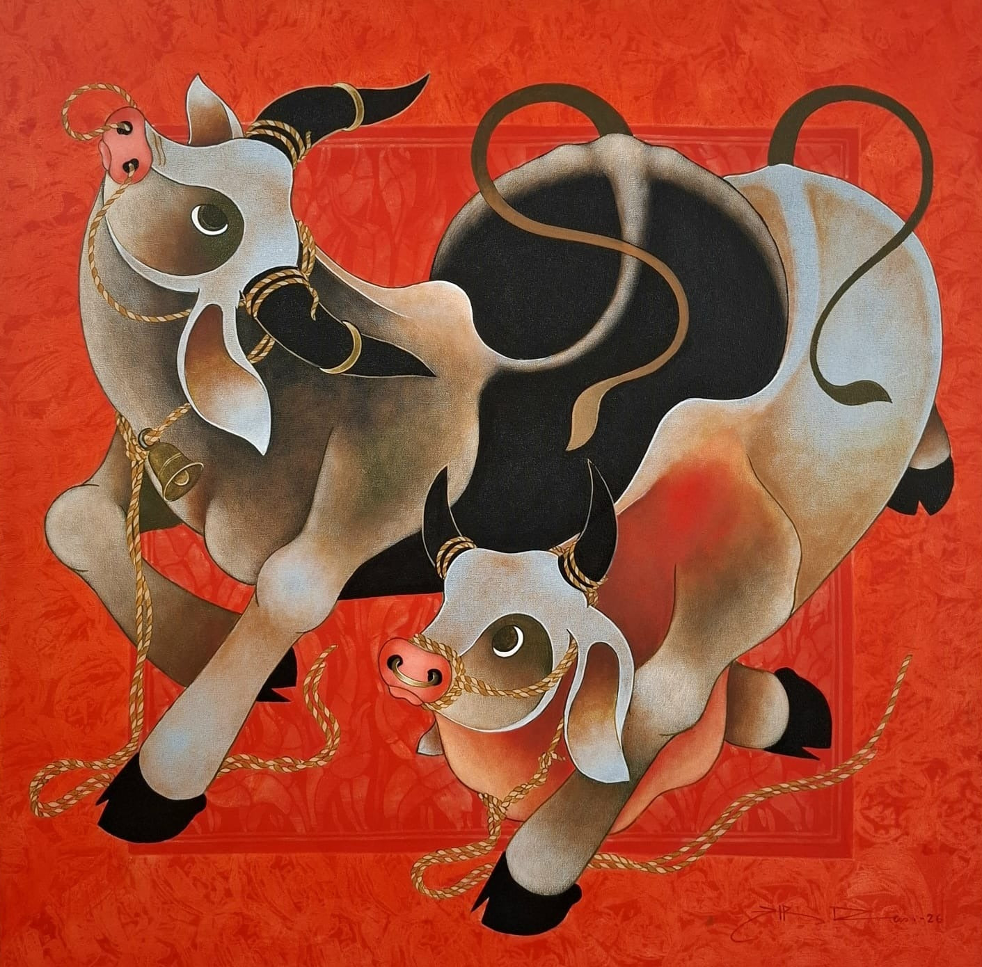 Contemporary Indian fine art painting titled Two of a Kind by H R Das, featuring a powerful, stylized pair of sacred Nandi bulls.