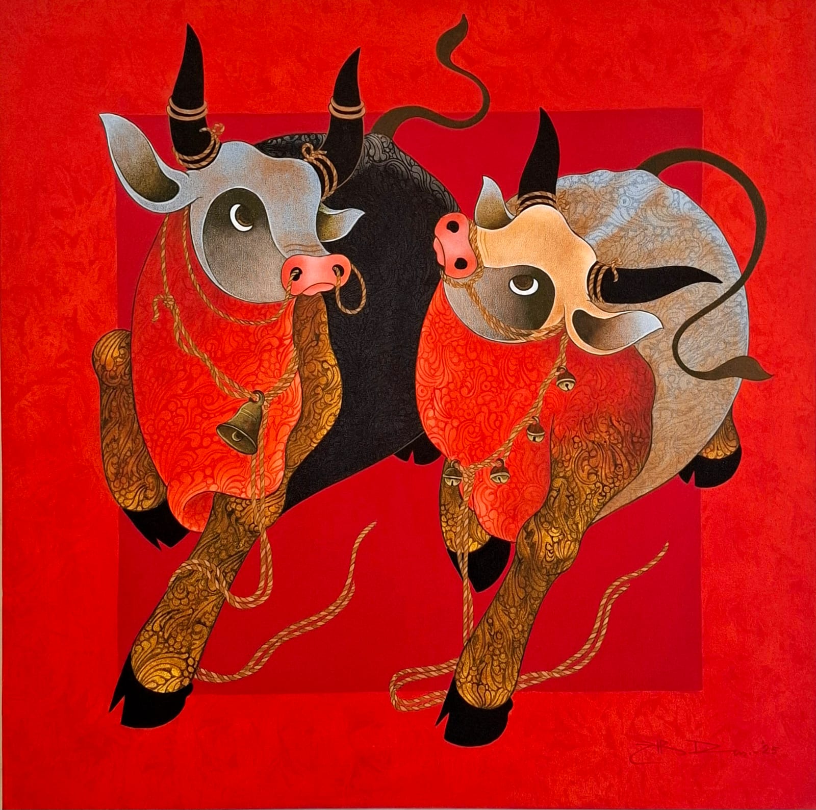Two bulls painting in red, black, and brown on a red background