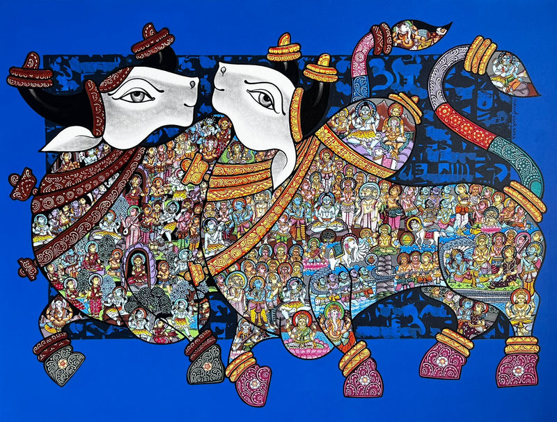 Vivek Kumavat creates a pair of galloping Nandis - the loyal worshipper of Lord Shiva. Vivek adds beautiful detailing referencing Lord Shiva in the bodies of Nandis. 
View and Buy Indian Paintings with a spiritual reference and a contemporary twist. 