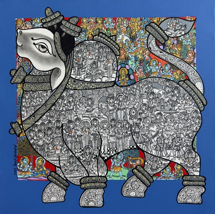 Vivek's paints a galloping Nandi with detailing in body. Blue background acrylic artwork. 