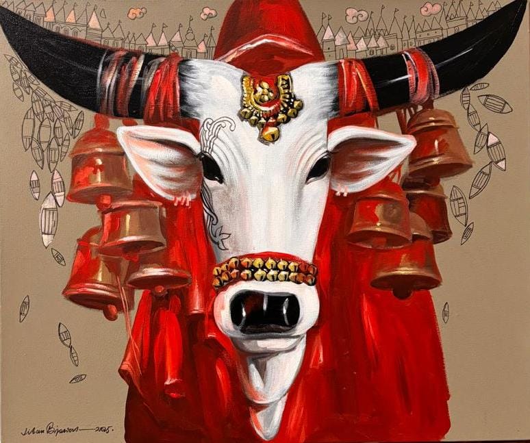 Nandi painting featuring the face with ornaments and bells. Benaras boats and temples form a subtle background.