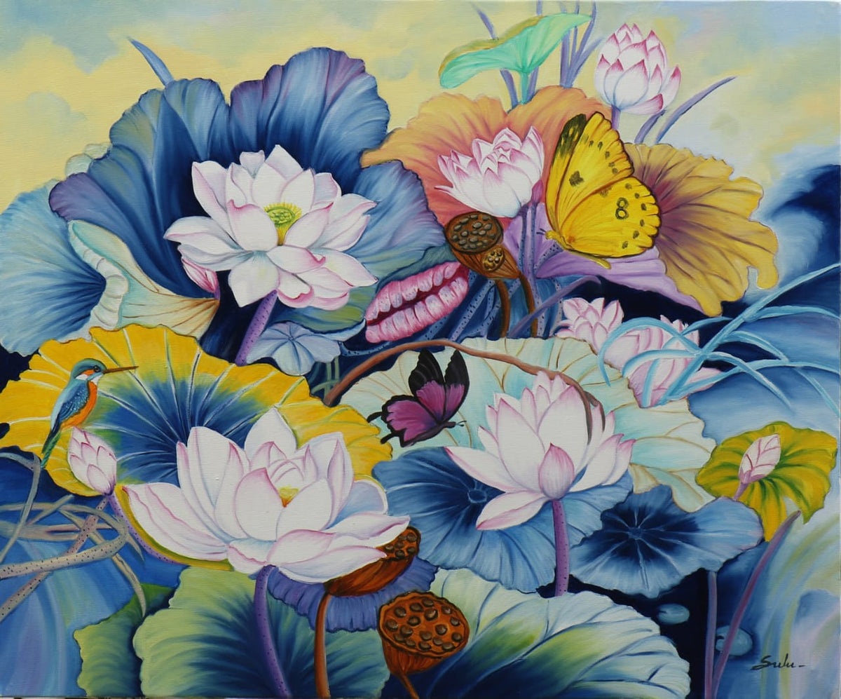 Original oil painting of a garden basket with colorful butterflies and blossoms by Sulakshana Dharmadhikari.