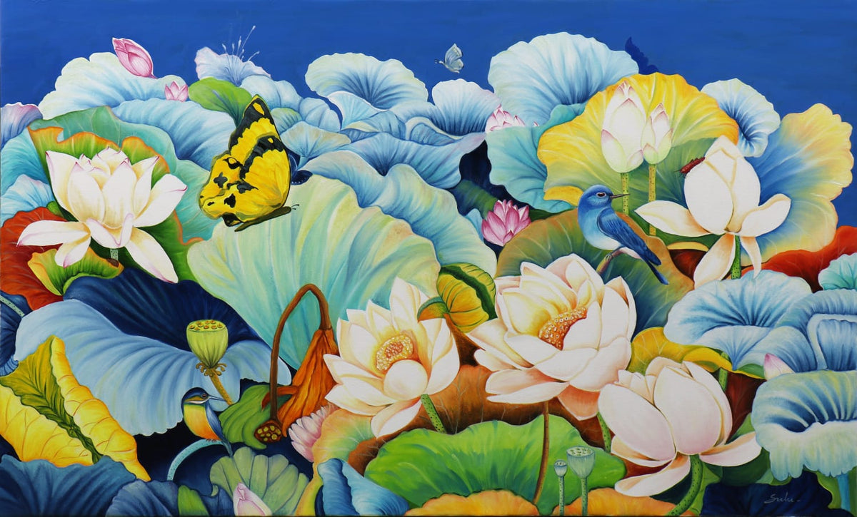 Sulakshana D. paints rich floral art, with canvas full of waterlilies, lotus and birds abd butterflies.