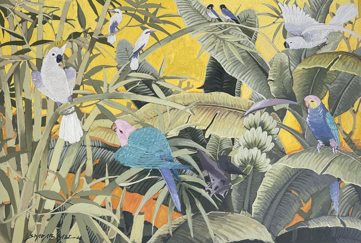Original oil on canvas painting of tropical birds and exotic flowers by Shadab Kazi.