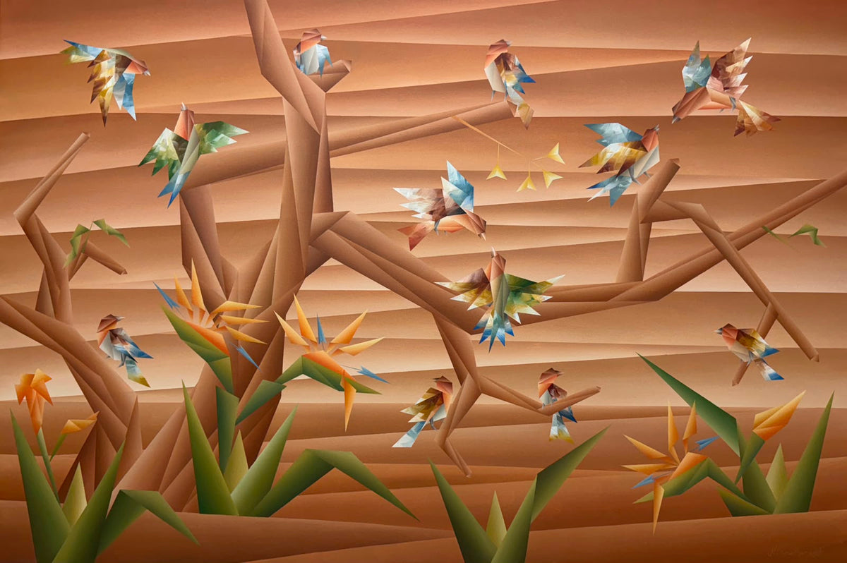 Colorful birds painting by Nirakar Chowdhury; brown toned nature canvas painting.