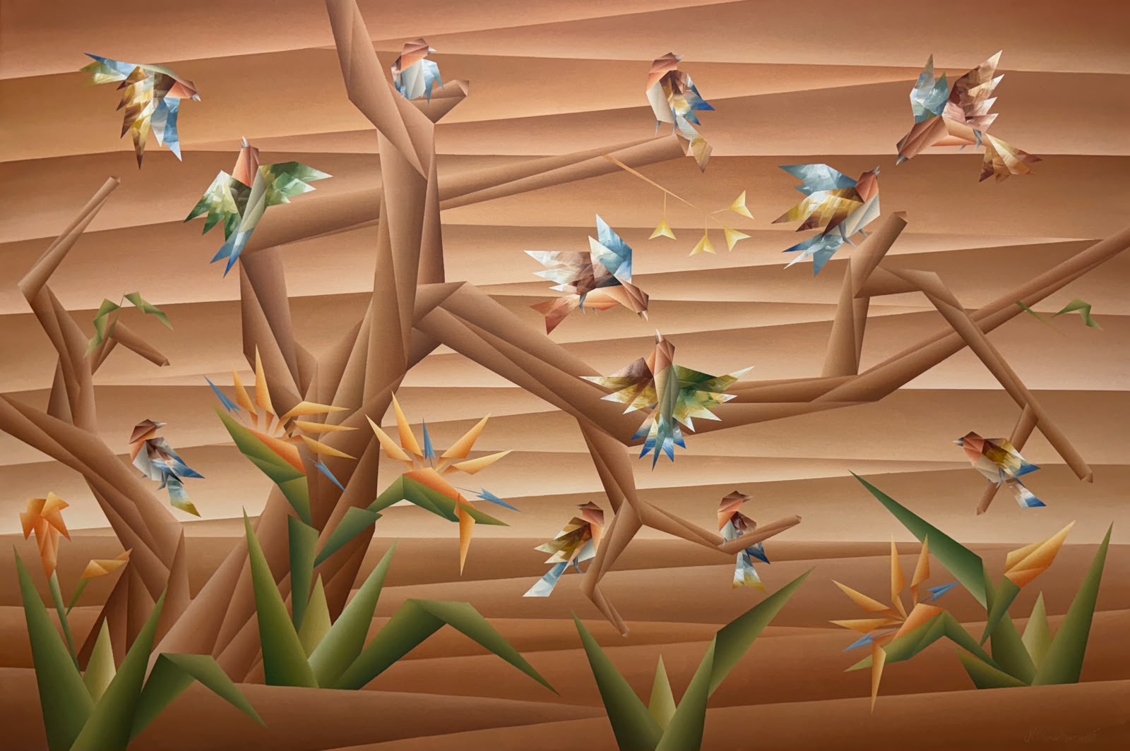 Colorful birds painting by Nirakar Chowdhury; brown toned nature canvas painting.