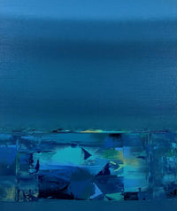 Serene 4ft vertical blue abstract oil painting on canvas by Nivas Kanhere featuring deep blue tones.