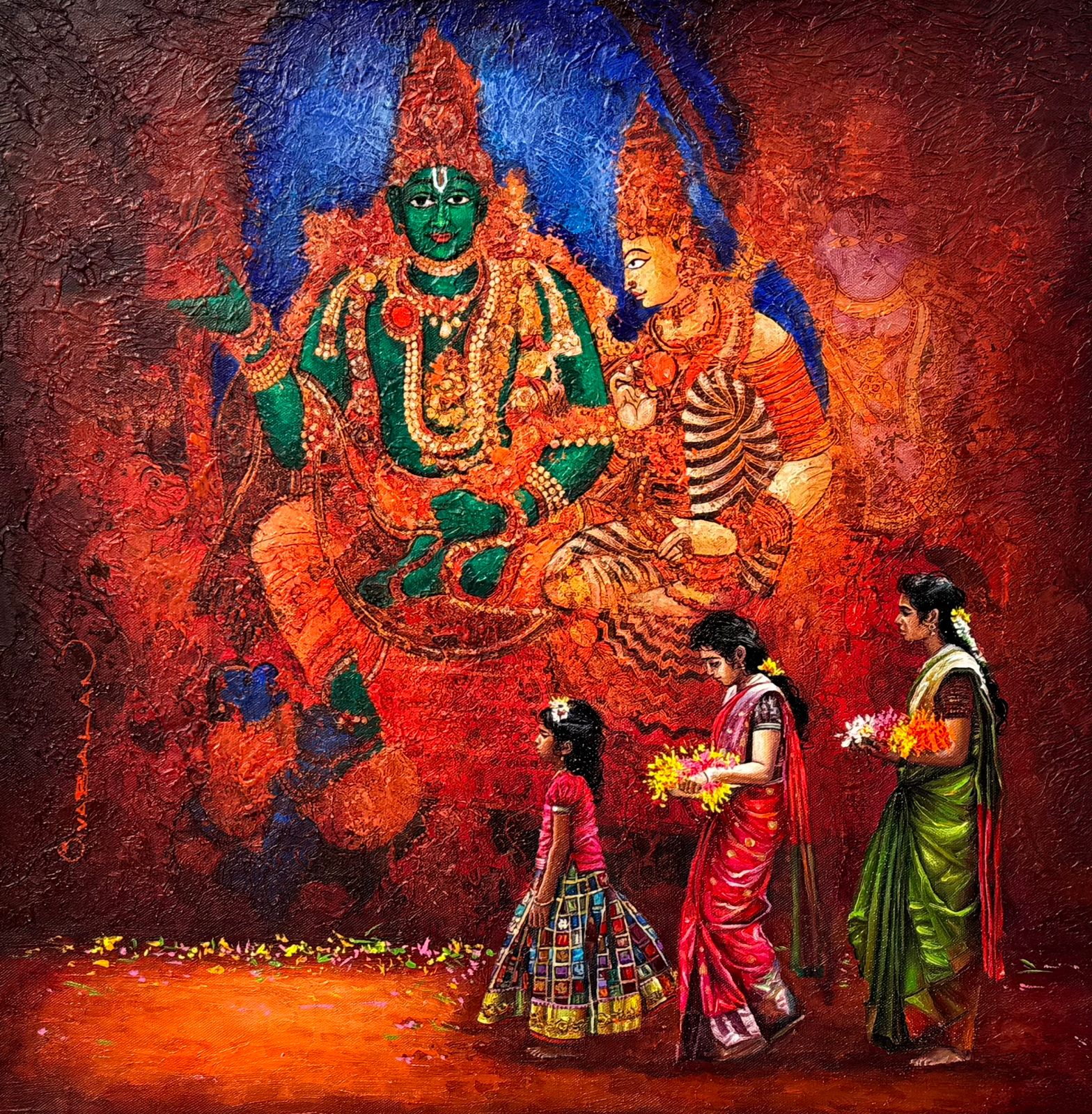Siva Balan captures a temple scene with young women followers taking flowers for worship. A south indian mural pf a diety forms the vibrant wall backdrop for worshippers.
